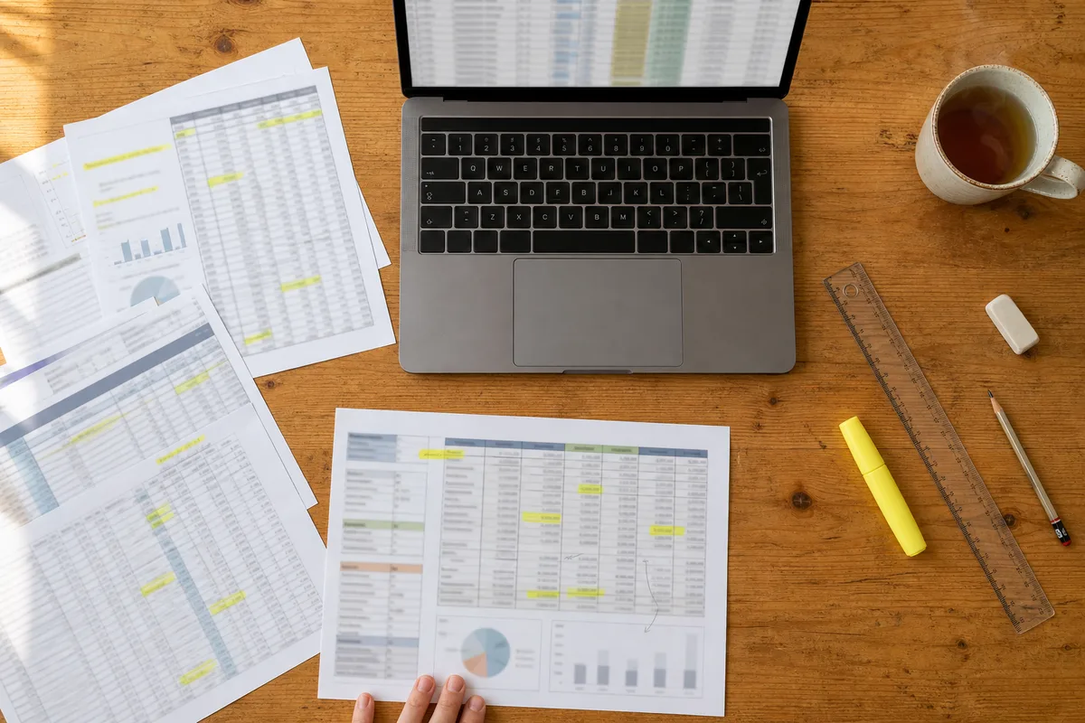 Relevés bancaires annotés et tableur de suivi mensuel ouvert sur un ordinateur portable, table de travail en bois