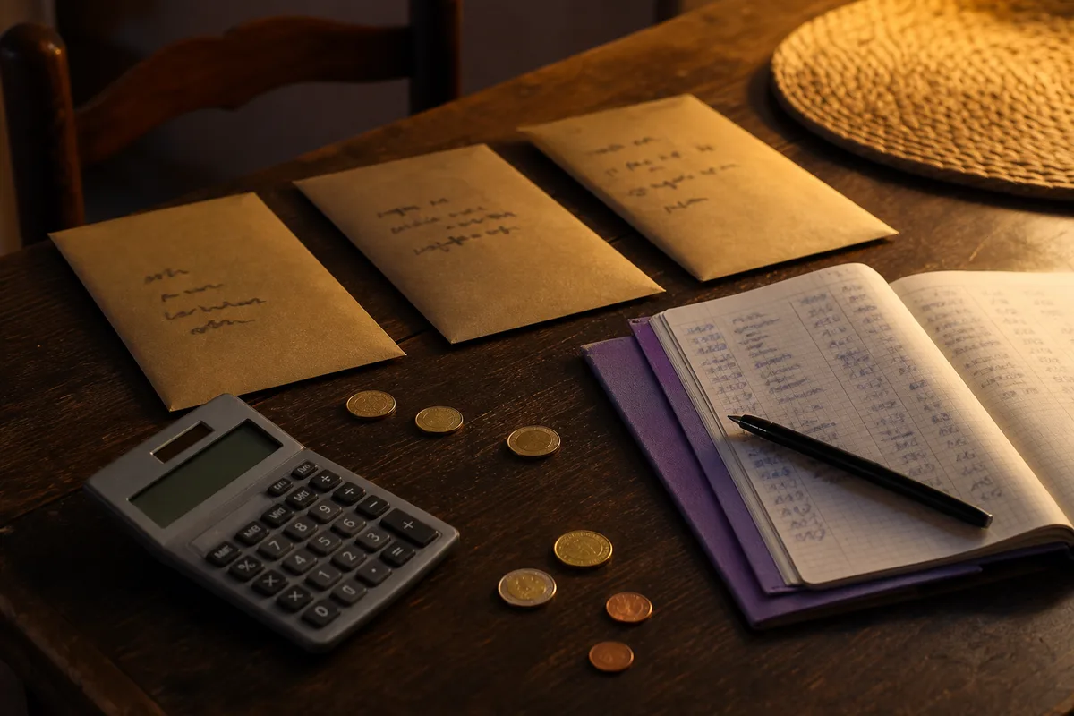 Trois enveloppes annotées et une calculatrice posées près d’un carnet de comptes ouvert, lumière de fin de journée