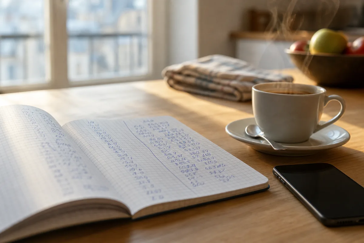 Carnet ouvert couvert de colonnes de chiffres manuscrits près d’une tasse de café sur une table de cuisine