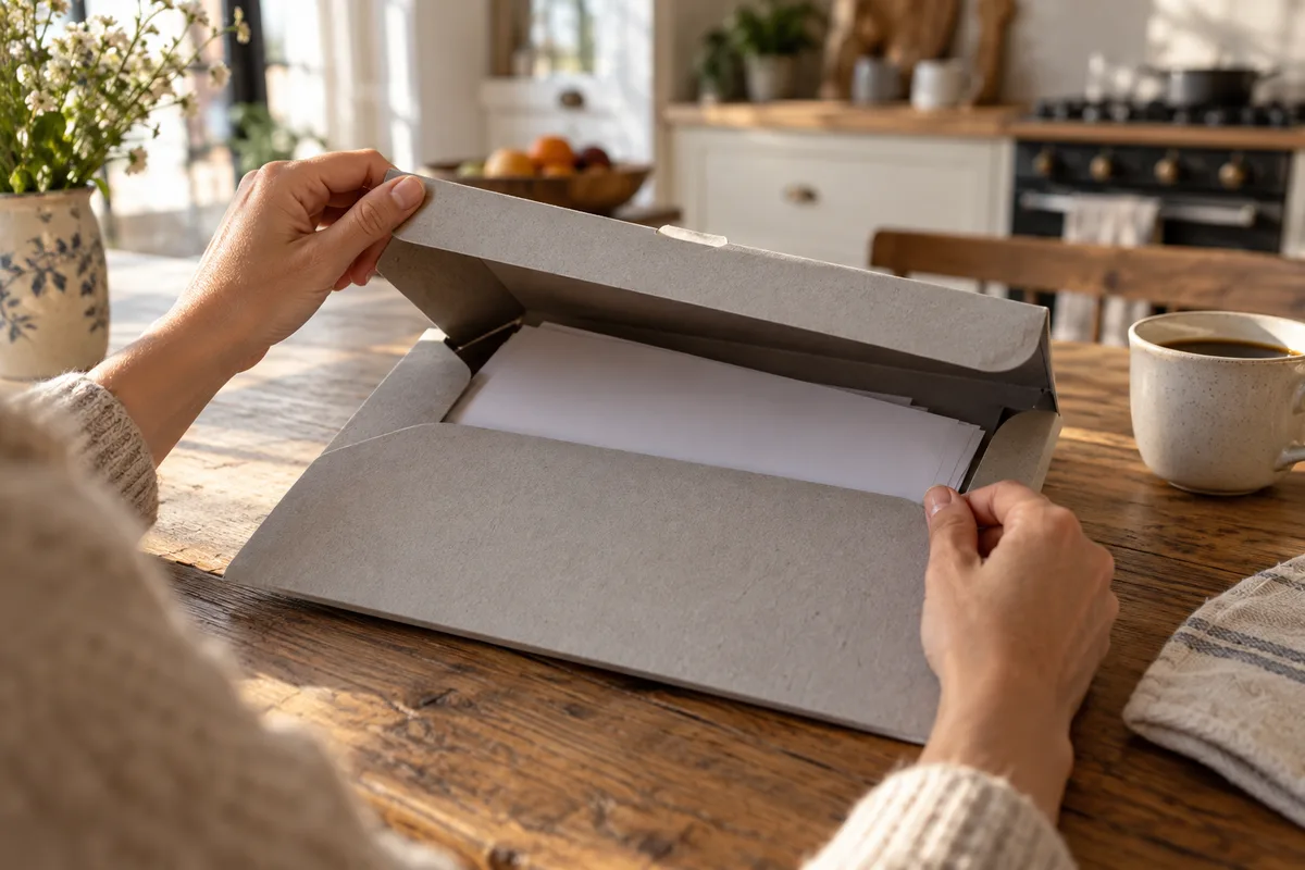 Mains ouvrant une pochette cartonnée posée sur une table en bois le matin