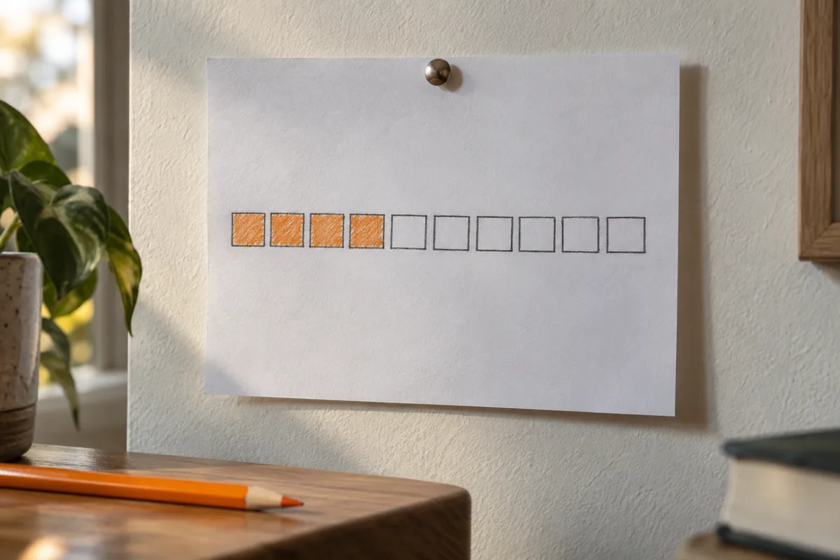 Feuille de cases coloriées au crayon punaisée sur un mur clair