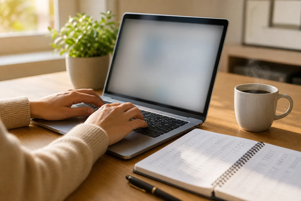 Mains posées sur le clavier d’un ordinateur portable ouvert à côté d’un carnet de comptes annoté et d’une tasse de café, bureau en bois clair baigné de lumière du matin