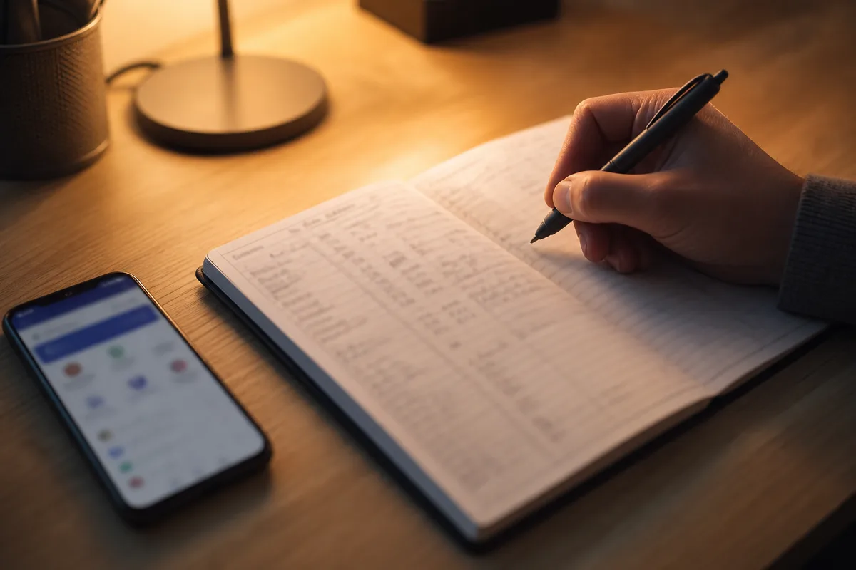 Gros plan sur une main tenant un stylo au-dessus d’un carnet ouvert, avec un smartphone affichant une interface bancaire floutée posé à côté sous une lampe de bureau