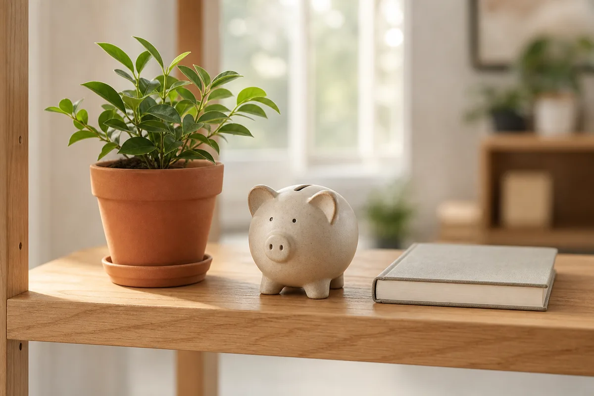 Petite plante verte en pot posée à côté d’une tirelire en céramique et d’un carnet fermé, sur une étagère de bureau éclairée par une lumière d’après-midi douce