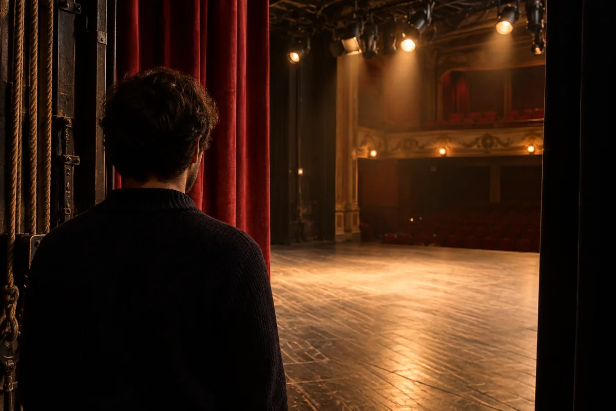 Personne vue de dos dans les coulisses, regardant une scène éclairée