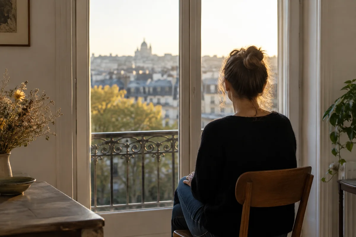 Personne assise de dos près d’une fenêtre, respirant calmement après une prise de parole