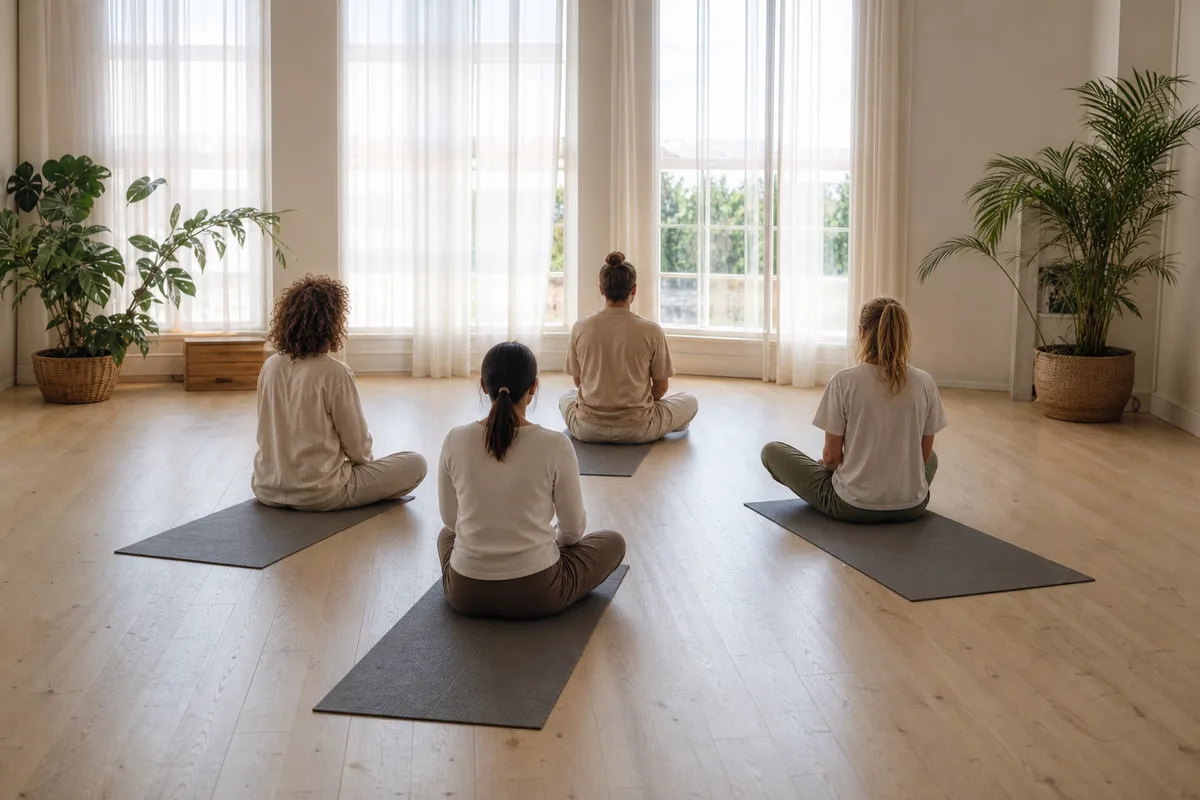 Petit groupe assis en cercle sur des tapis dans une salle claire pendant une séance de relaxation collective