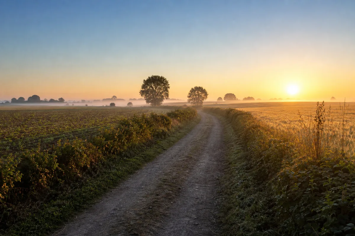Chemin de campagne au petit matin avec brume légère sur les champs