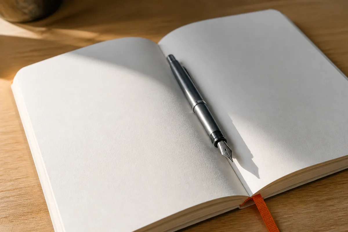 Carnet ouvert posé sur un bureau en bois clair avec un stylo, lumière naturelle douce du matin