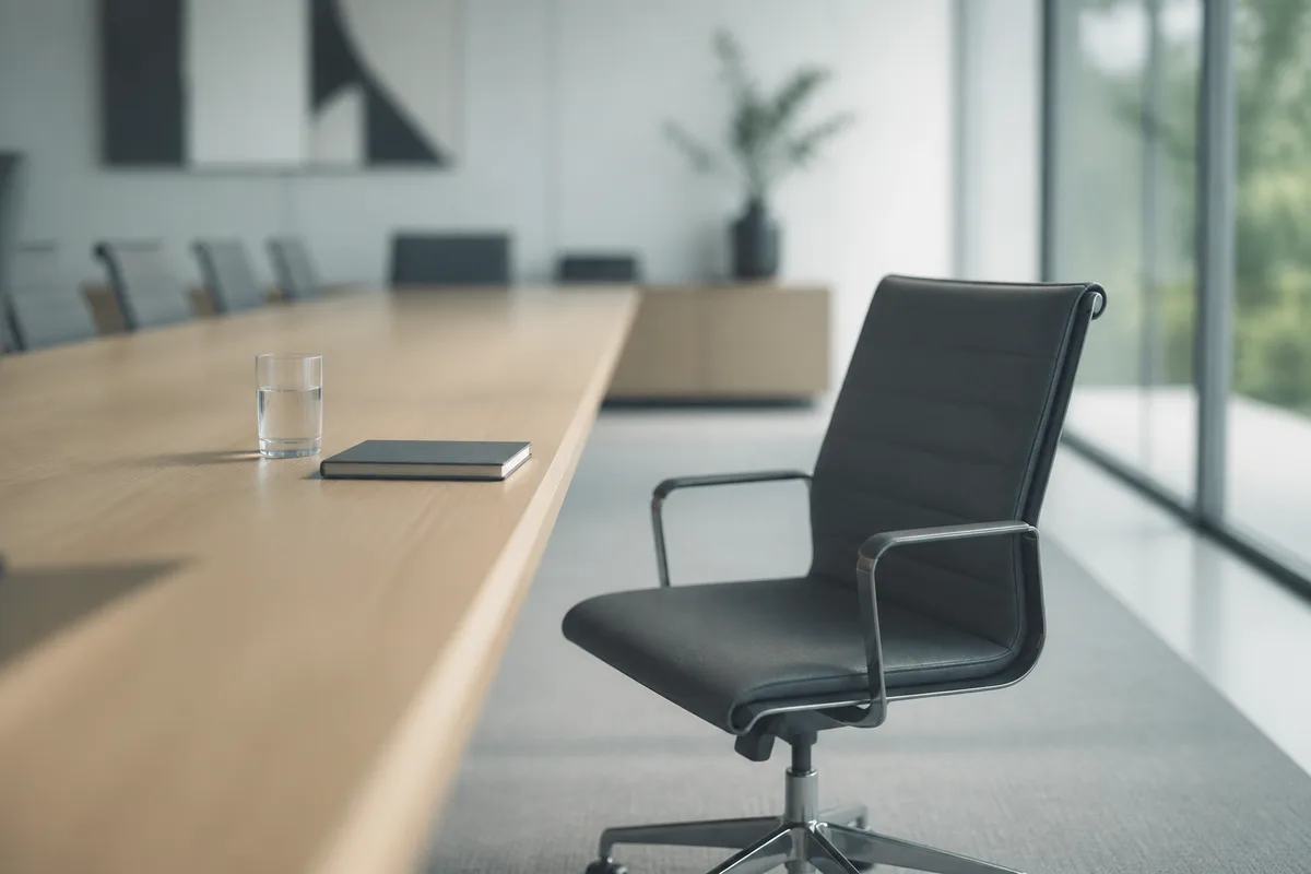 Chaise vide devant une table de réunion en bois, salle claire et silencieuse