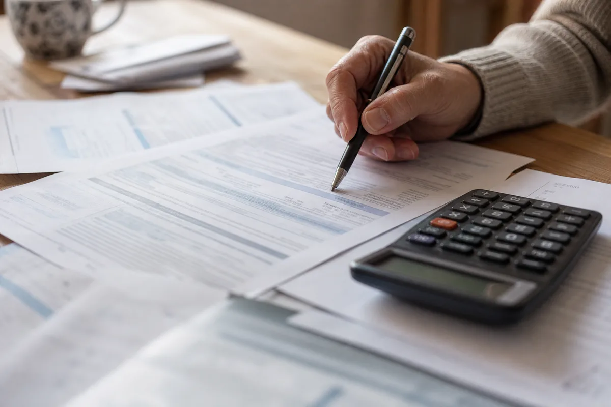 Documents d’assurance auto et facture posés sur une table avec une calculatrice