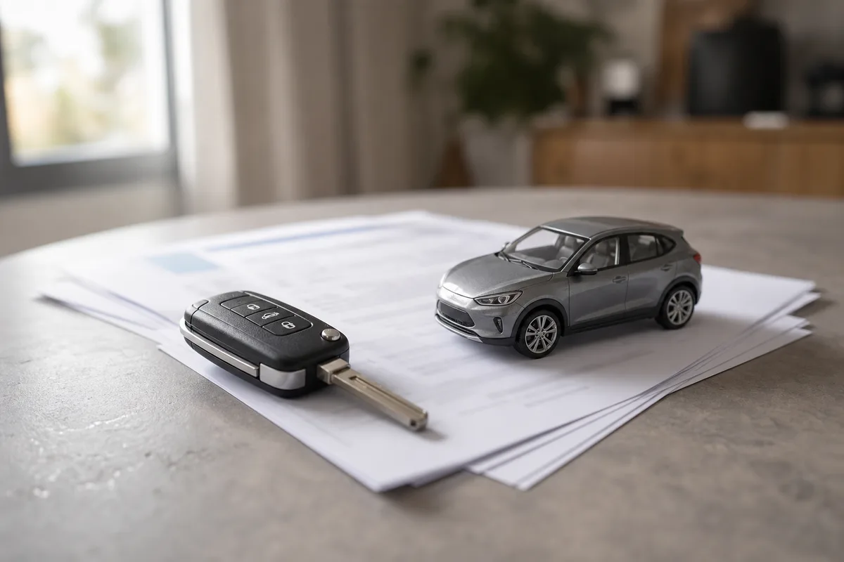 Clés de voiture et carte grise à côté d’un contrat d’assurance