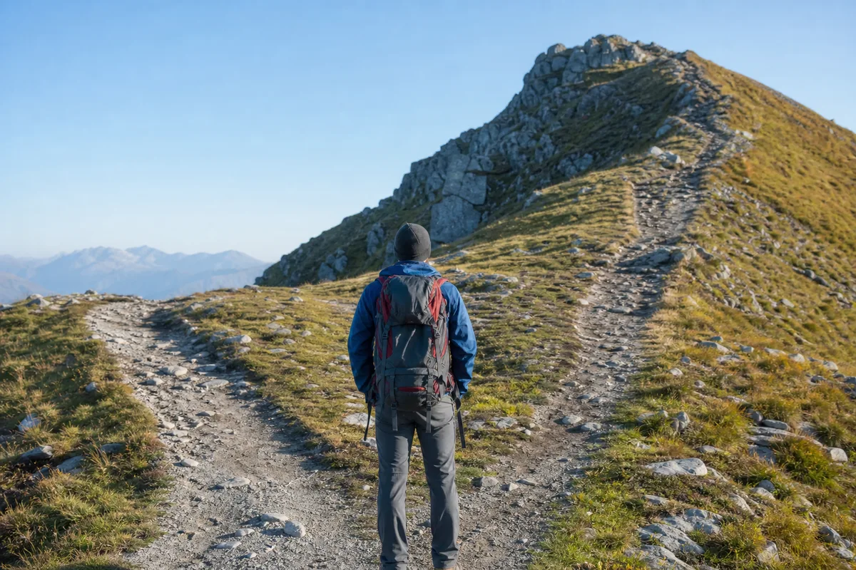 Randonneur de dos à un embranchement de sentier de montagne, image du choix vers la zone d’apprentissage
