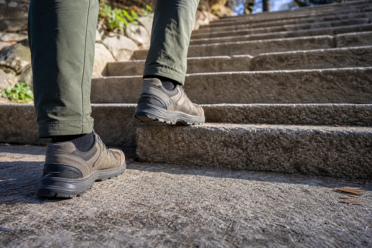Premier pas d’une paire de chaussures sur un escalier de pierre, image des petits pas calibrés