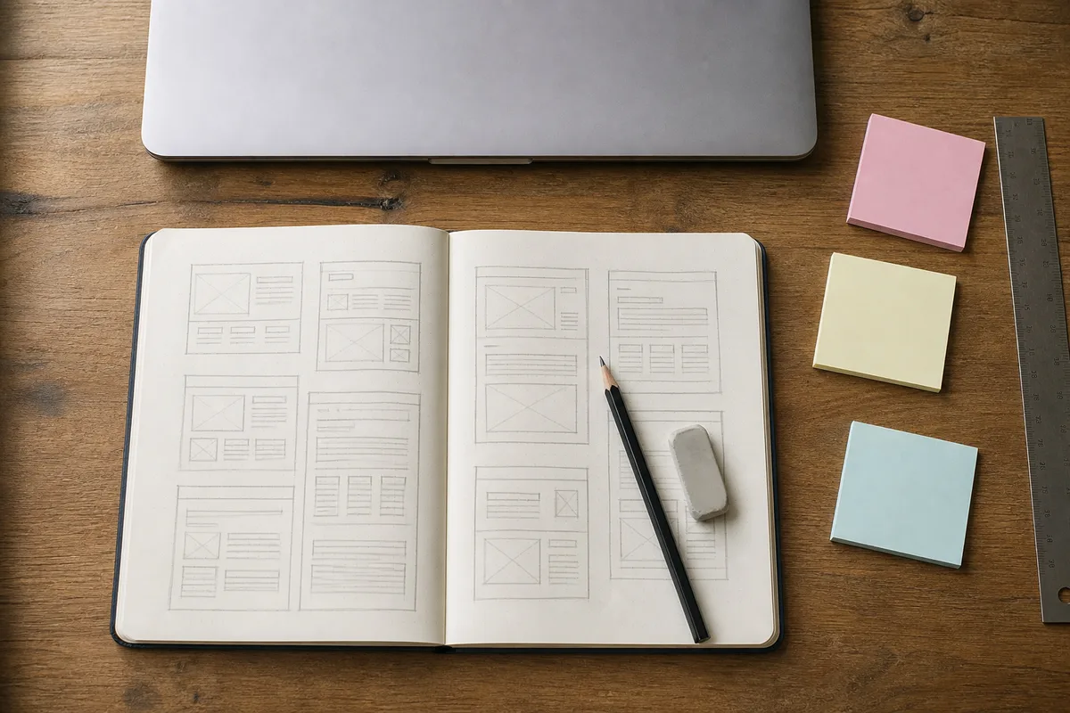Croquis manuscrits de pages de site web sur un carnet posé à côté d’un ordinateur portable