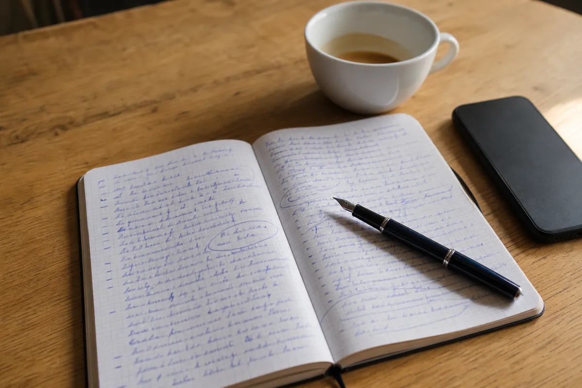 Carnet ouvert couvert de questions manuscrites posé sur une table en bois avec un stylo