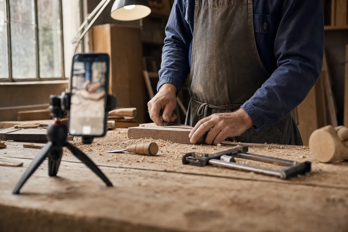 Smartphone sur trépied filmant un artisan au travail dans son atelier, visage hors champ