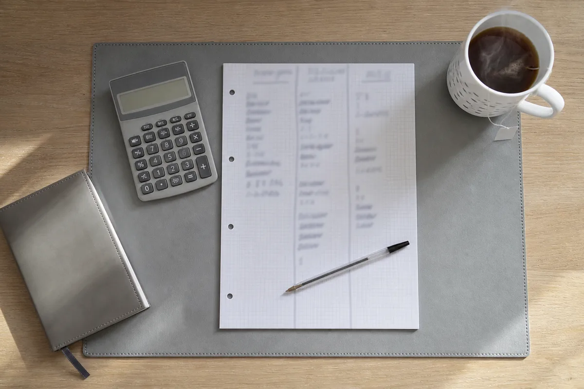 Tableau de suivi manuscrit avec chiffres du mois posé près d’une calculatrice et d’une tasse